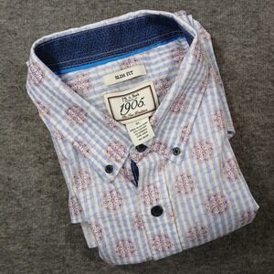 Jos A‎ Bank Men's Slim Fit Traveler Shirt XL Short Sleeves Blue White Paisley